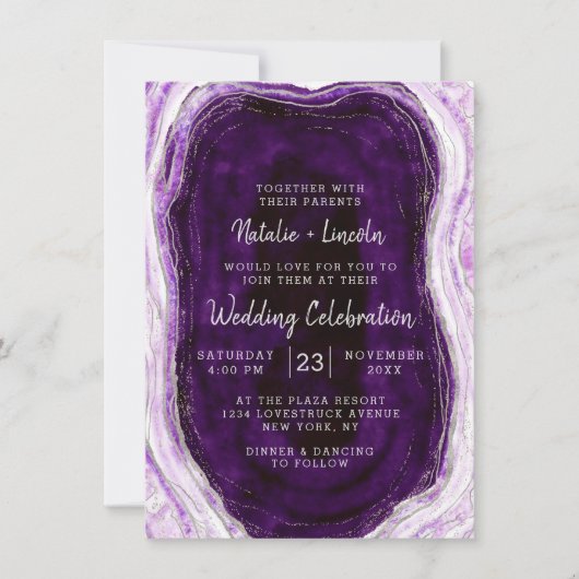 Invitation Améthyste Violet & Tranche de Géode en Agate Maria (Devant)