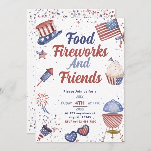 Invitation Ami alimentaire et feux d'artifice 4 juillet barbe (Devant / Derrière)