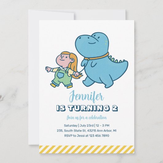 Invitation Amie Cute Dino Dinosaur Filles Anniversaire (Devant)