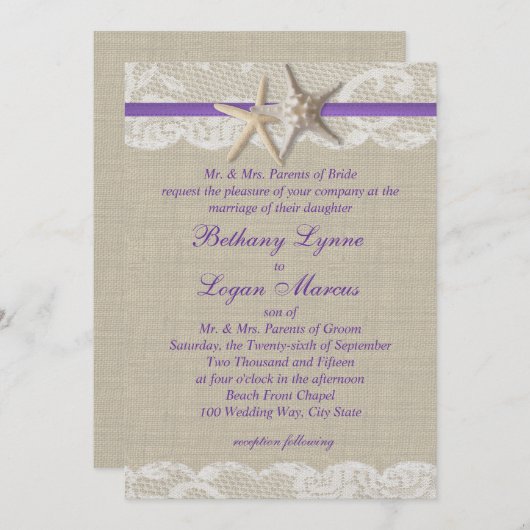 Invitation Amier et dentelle blanche pourpre (Devant / Derrière)