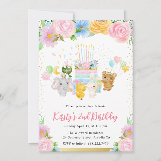 Invitation Amis de l'Aile Floral Cute Animal Anniversaire (Devant)