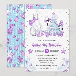 Invitation Amis d'hiver Ours polaire et manchots Anniversaire