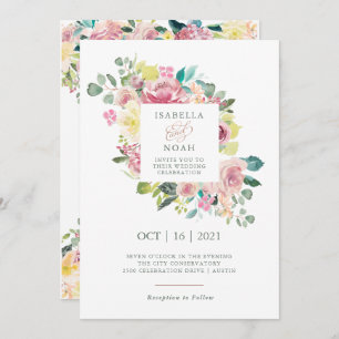 Invitation Amour béant  Mariage floral rose aquarelle