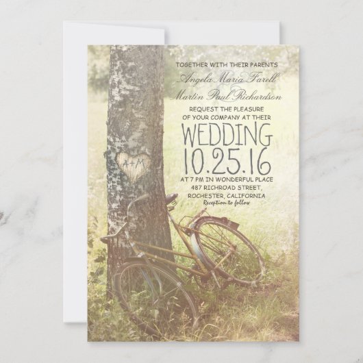 Invitation Amour bouleau à coeur et vélo mariage rustique (Devant)