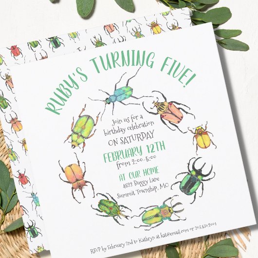 Invitation Amour Bugs Cercle Aquarelle Beetles Anniversaire