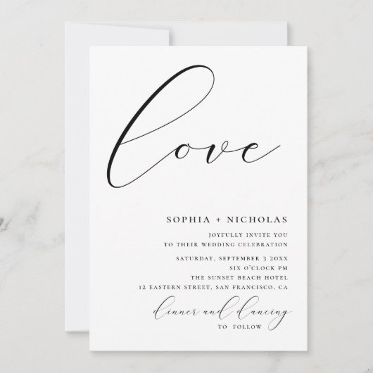 Invitation Amour. Calligraphie noir et blanc mariage simple (Devant)