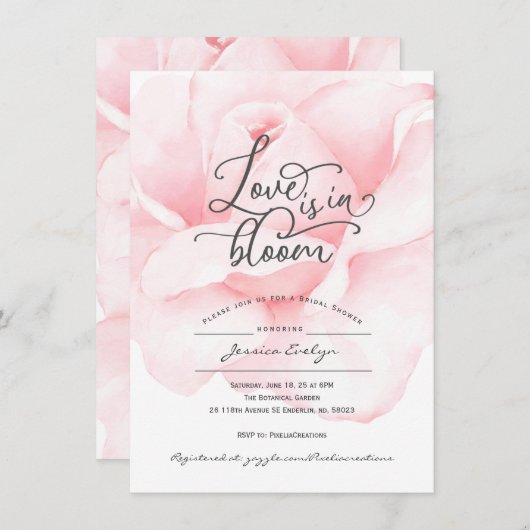 Invitation Amour chic en fleur, script de calligraphie rose d (Devant / Derrière)