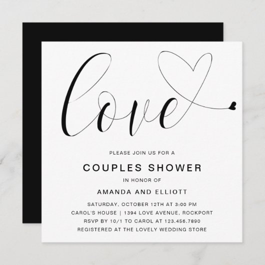 Invitation Amour Coeur Noir et blanc Couples modernes Douche (Devant / Derrière)