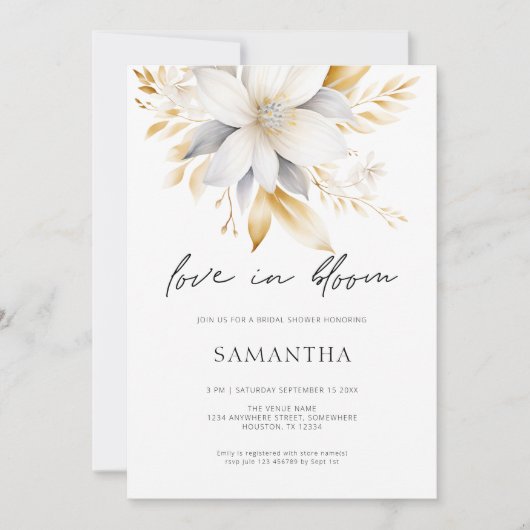 Invitation Amour En Fleur Blanc Or Florals Fête des mariées (Devant)