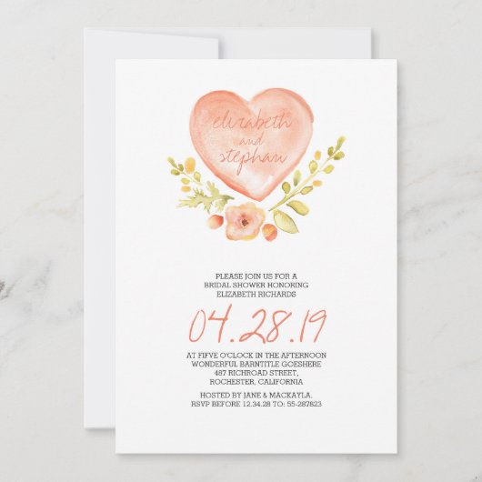Invitation amour fleurs coeur aquarelle nuptiale (Devant)