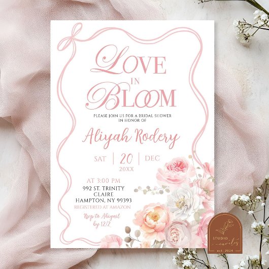 Invitation Amour floral rose en fleurs dans la Fête des marié