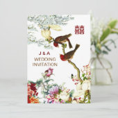 Invitation Amour Flourissant Oiseaux & Fleurs Mariage chinois (Debout devant)