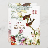 Invitation Amour Flourissant Oiseaux & Fleurs Mariage chinois (Devant / Derrière)
