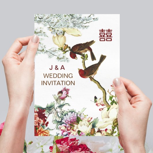 Invitation Amour Flourissant Oiseaux & Fleurs Mariage chinois