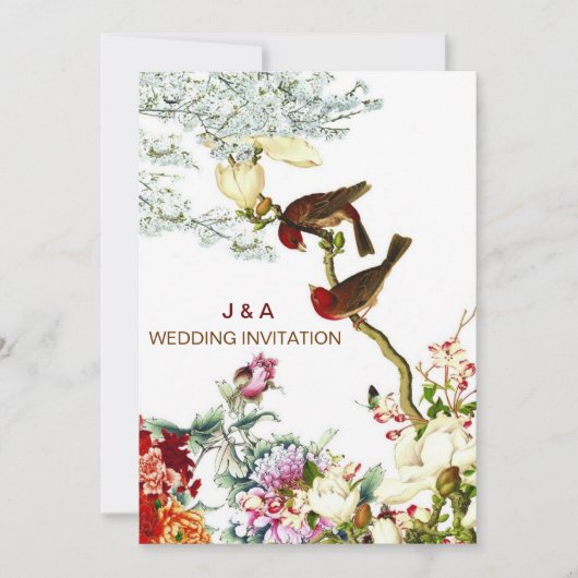 Invitation Amour Flourissant Oiseaux & Fleurs Mariage Invite (Devant)