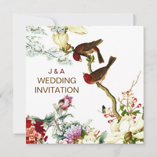 Invitation Amour Flourissant Oiseaux & Fleurs Mariage Invite  (Devant)