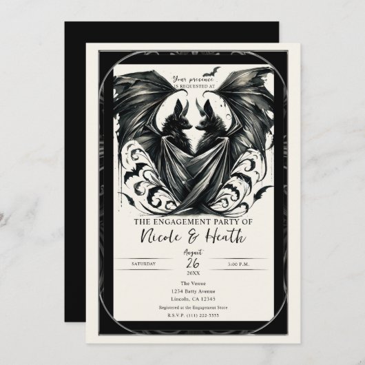 Invitation Amour Gothique Argent Crème Noire Bats Engagement (Devant / Derrière)
