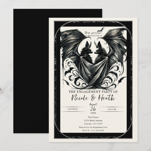 Invitation Amour gothique noir crème argenté Bats Engagement (Devant / Derrière)