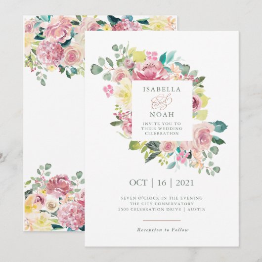 Invitation Amour merveilleux | Aquarelle rose Mariage (Devant / Derrière)