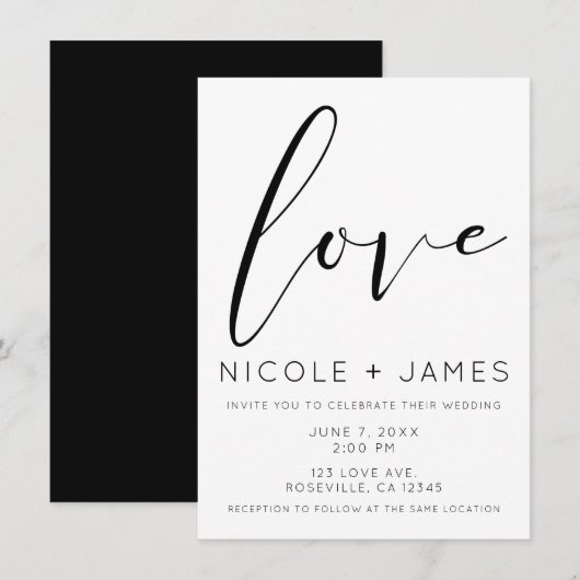 Invitation Amour Noir & Blanc Mariage minimal moderne (Devant / Derrière)