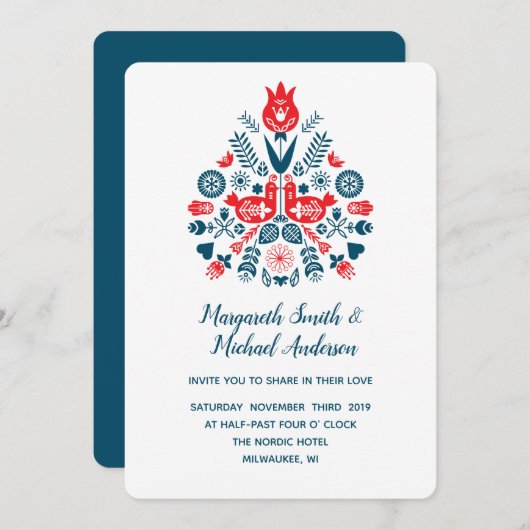 Invitation Amour nordique en rouge et bleu | MARIAGE (Devant / Derrière)