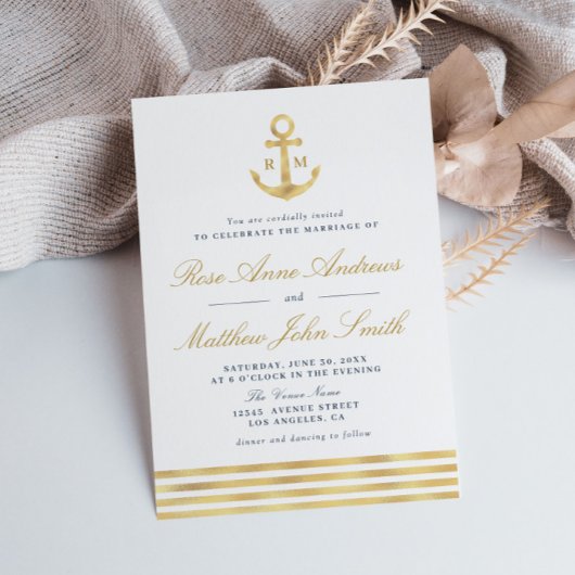 Invitation Amour par la mer or ancre marine mariage nautique