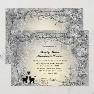 Invitation Amoureux de les chats Ornate Grey Gold Vintage Wed