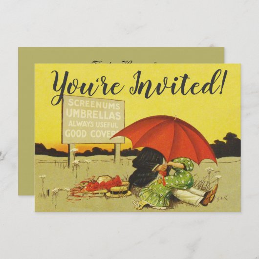 Invitation Amoureux parasol vintage plage  (Devant / Derrière)