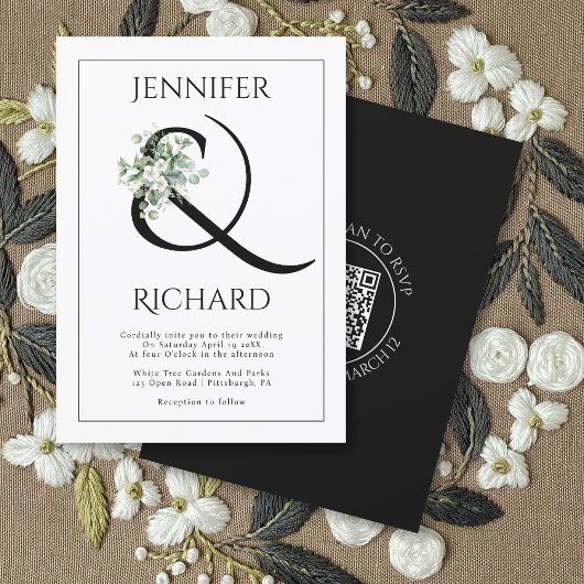 Invitation Ampersand avec branche d'eucalyptus et mariage QR