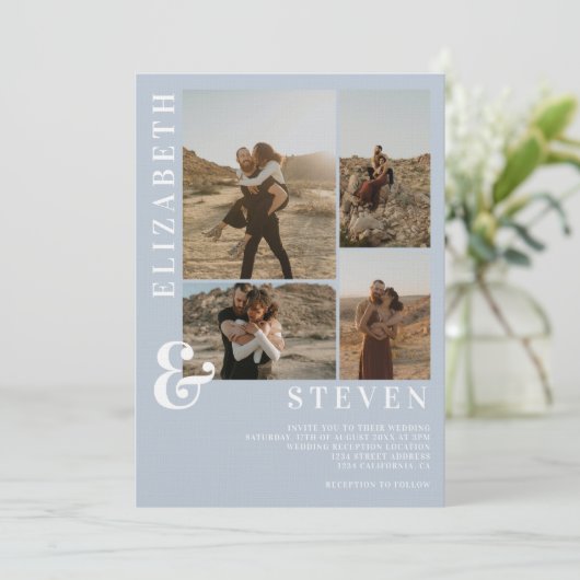 Invitation Ampersand bleu pastel moderne 5 mariage de grille  (Debout devant)