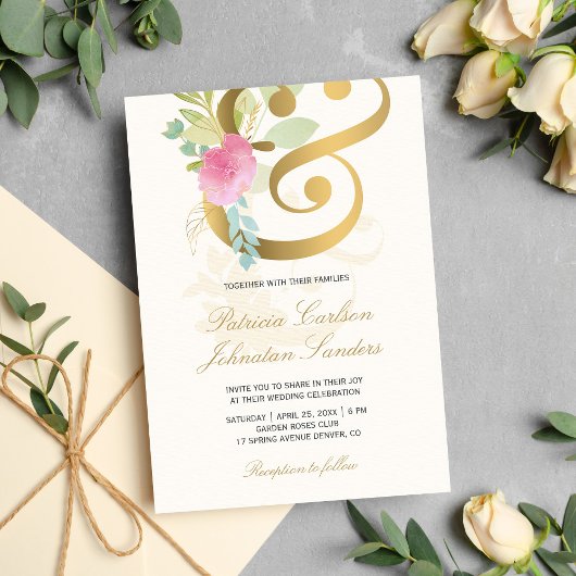 Invitation Ampersand doré rose pastel crème mariage romantiqu