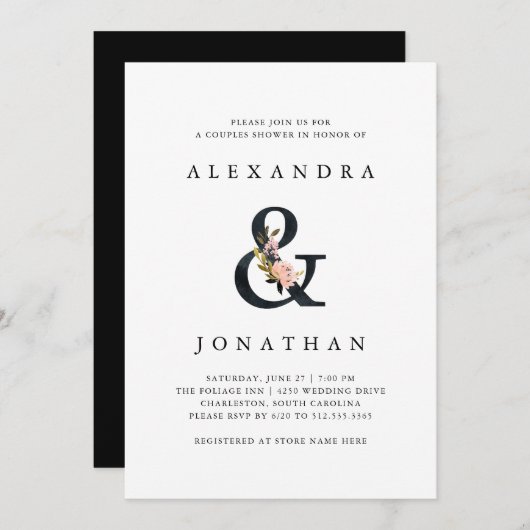 Invitation Ampersand élégant | Douche Couples Noir et Blanc (Devant / Derrière)