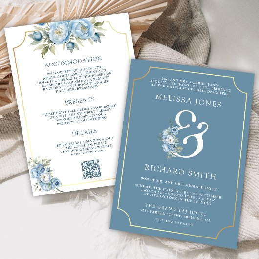 Invitation Ampersand floral bleu poussiéreux en un seul Maria