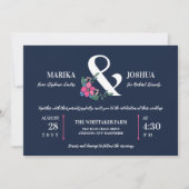 Invitation Ampersand floral bleu rose marine 2 en 1 Mariage (Devant)
