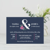 Invitation Ampersand floral bleu rose marine 2 en 1 Mariage (Debout devant)
