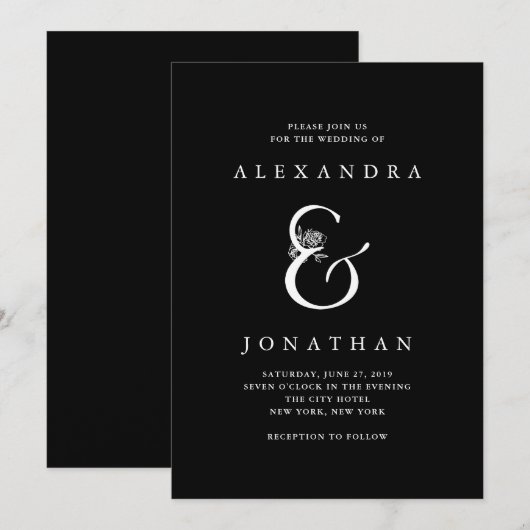 Invitation Ampersand floral | Mariage noir spectaculaire (Devant / Derrière)