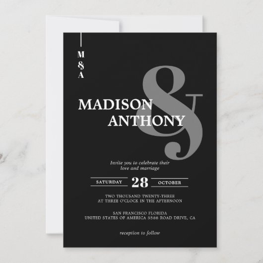 Invitation Ampersand gris noir moderne Mariage photo Script (Devant)