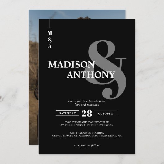 Invitation Ampersand gris noir moderne Mariage photo Script (Devant / Derrière)