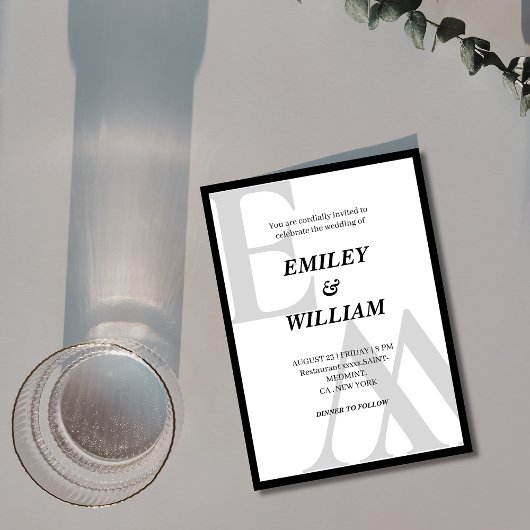 Invitation ampersand Monogramme initial noir et blanc mariage