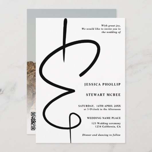 Invitation Ampersand photo moderne calligraphie Qr code maria (Devant / Derrière)