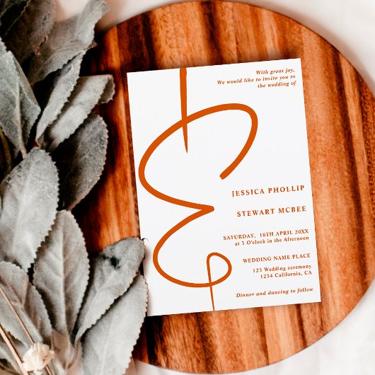 Invitation Ampersand photo orange script Qr code mariage