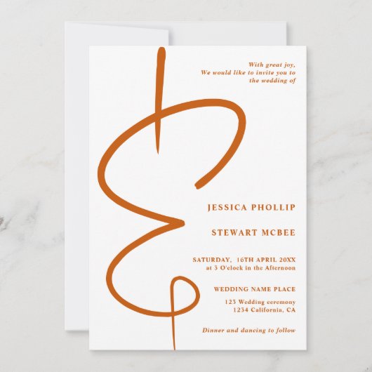 Invitation Ampersand photo orange script Qr code mariage (Devant)
