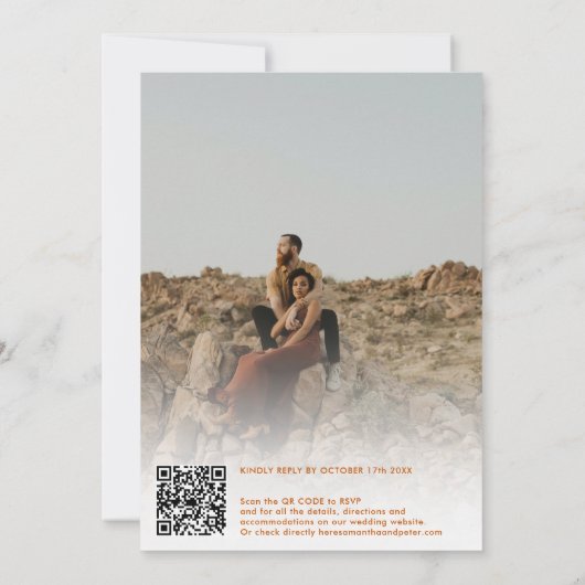 Invitation Ampersand photo orange script Qr code mariage (Dos)