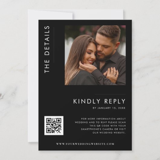 Invitation Ampersand & Photo QR Code Tout en un Mariage noir (Dos)