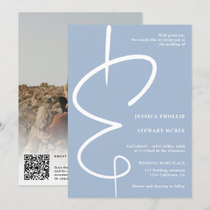 Invitation Ampersand photo script bleu glace Qr code mariage