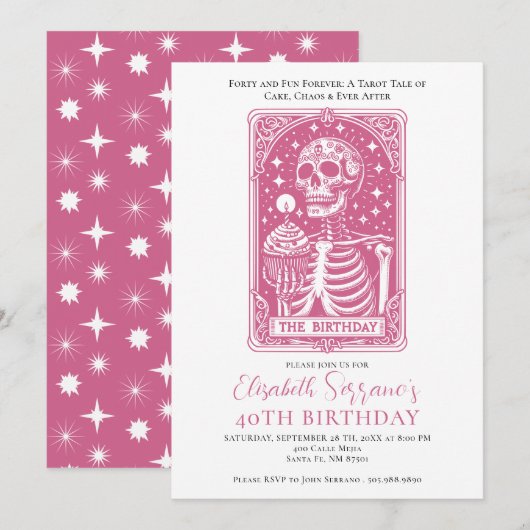 Invitation Amusant 40e anniversaire Gothique Tarot Pink Party (Devant / Derrière)