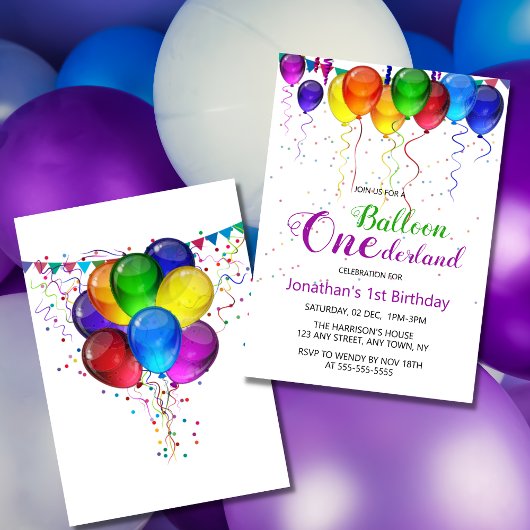 Invitation Amusant Ballons colorés Wonderland 1er anniversair