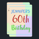 Invitation Amusant, Basic "60th Birthday" Anniversaire Invita<br><div class="desc">Ce design amusant d’invitation à la fête d’anniversaire comporte un message comme "60e anniversaire de JENNIFER", où le nom et le numéro d’anniversaire peuvent être personnalisés. Il dispose également d'un arrière - plan coloré, amusant et au thème géométrique. Les détails de l'événement sur le dos peuvent être customisés. Il pourrait...</div>