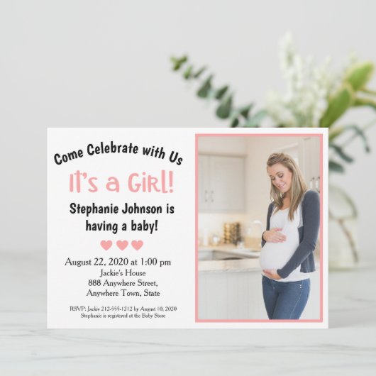 Invitation Amusant C'est une fille Baby shower Coeurs roses P (Debout devant)