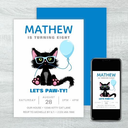 Invitation Amusant Chat Party Kitten Ballons Anniversaire de